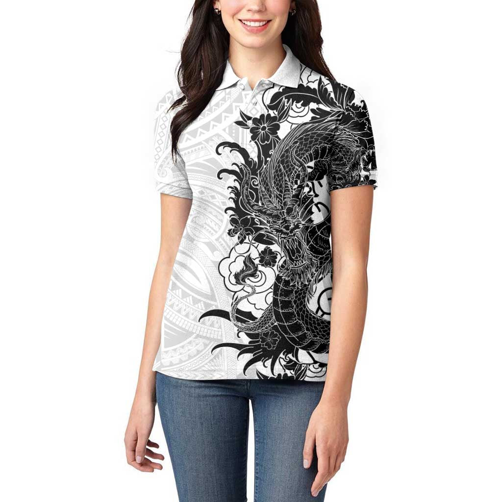 Hawaiian And Japanese Culture Women Polo Shirt Irezumi Dragon With Polynesian Pattern White - Polynesian Pride