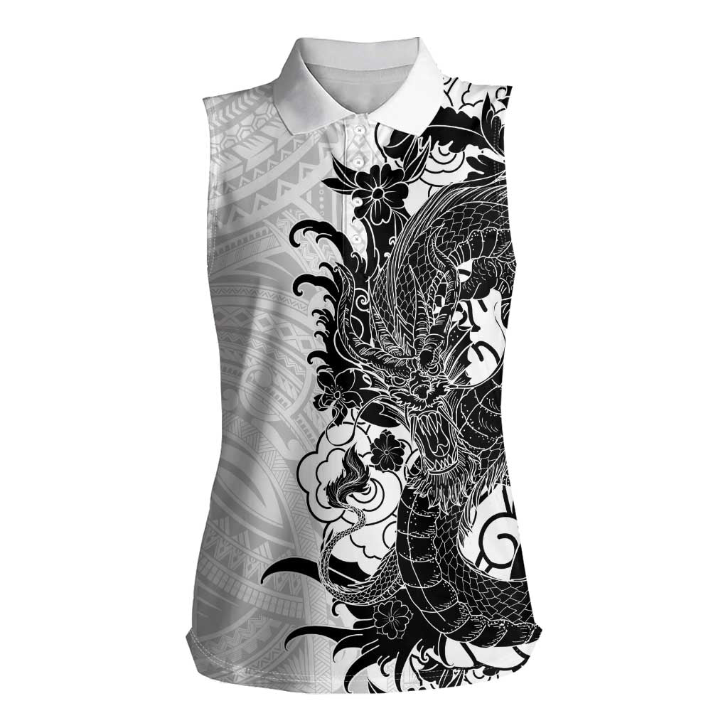 Hawaiian And Japanese Culture Women Sleeveless Polo Shirt Irezumi Dragon With Polynesian Pattern White - Polynesian Pride