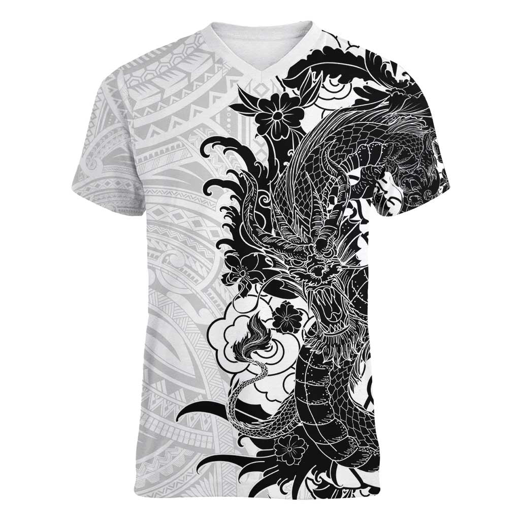 Hawaiian And Japanese Culture Women V-Neck T-Shirt Irezumi Dragon With Polynesian Pattern White - Polynesian Pride