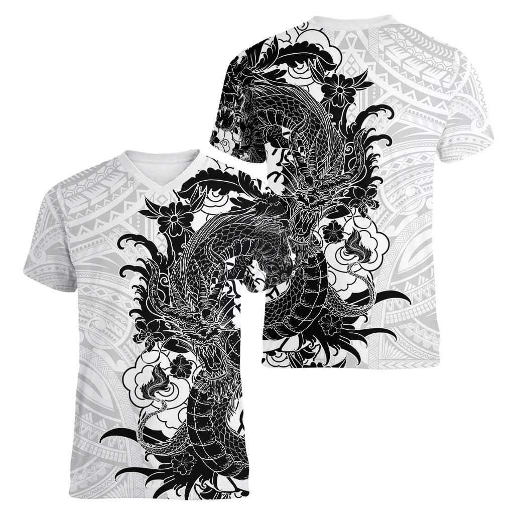 Hawaiian And Japanese Culture Women V-Neck T-Shirt Irezumi Dragon With Polynesian Pattern White - Polynesian Pride