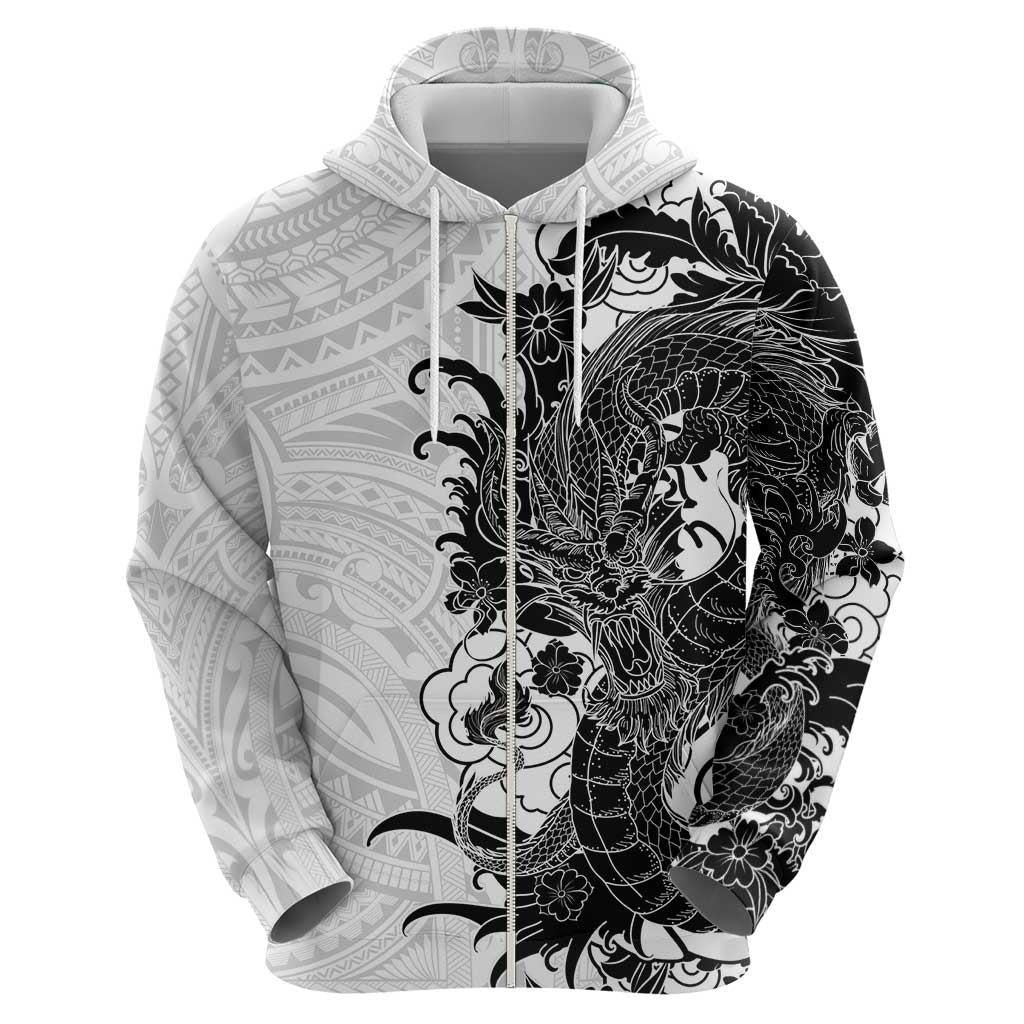 Hawaiian And Japanese Culture Zip Hoodie Irezumi Dragon With Polynesian Pattern White - Polynesian Pride