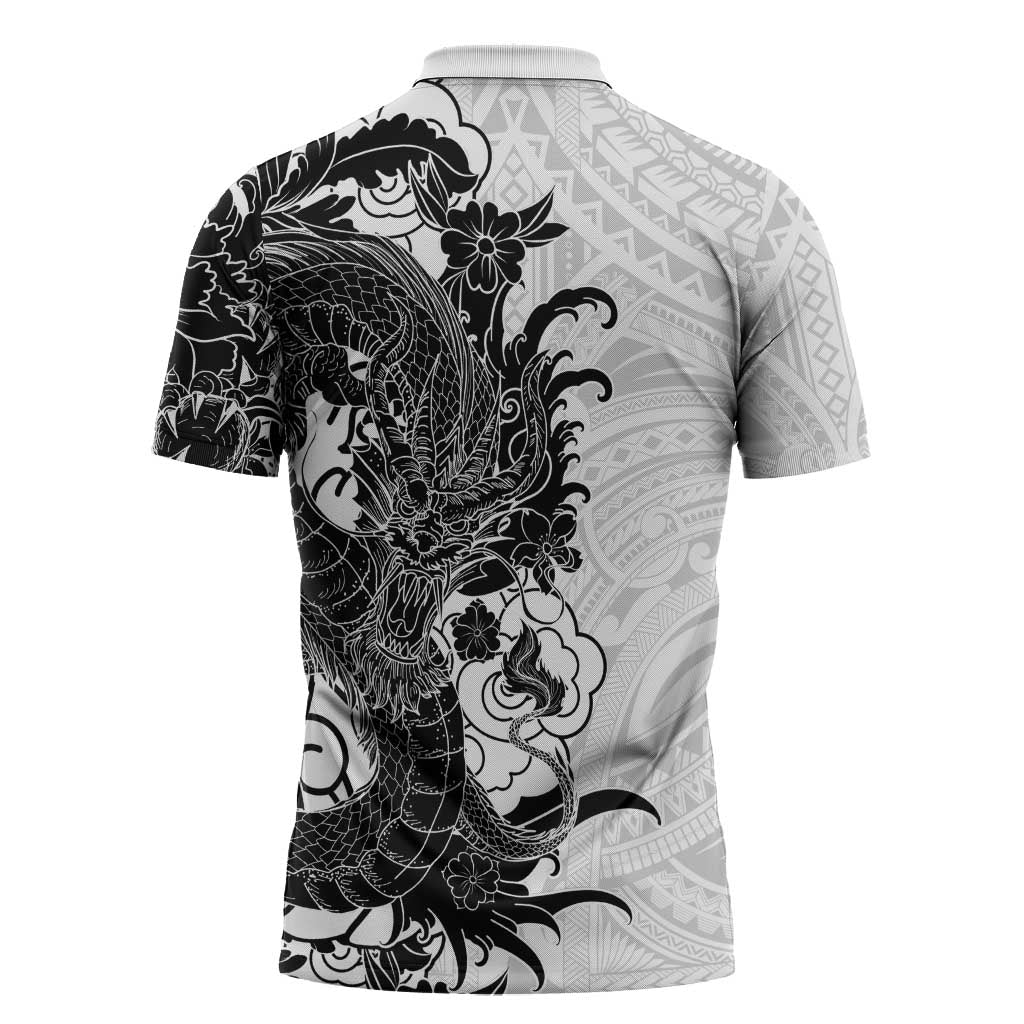 Hawaiian And Japanese Culture Zipper Polo Shirt Irezumi Dragon With Polynesian Pattern White - Polynesian Pride