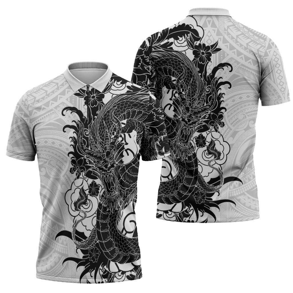 Hawaiian And Japanese Culture Zipper Polo Shirt Irezumi Dragon With Polynesian Pattern White - Polynesian Pride