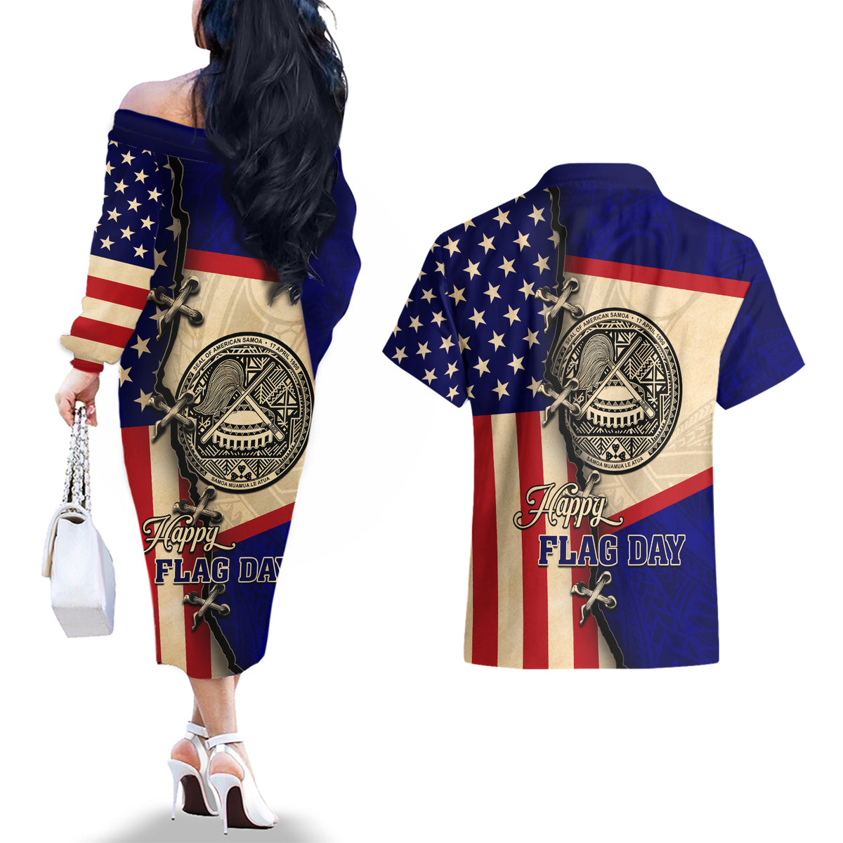 American Samoa Flag Day Couples Matching Off The Shoulder Long Sleeve Dress and Hawaiian Shirt Polynesian Tribal Pattern LT05 - Polynesian Pride