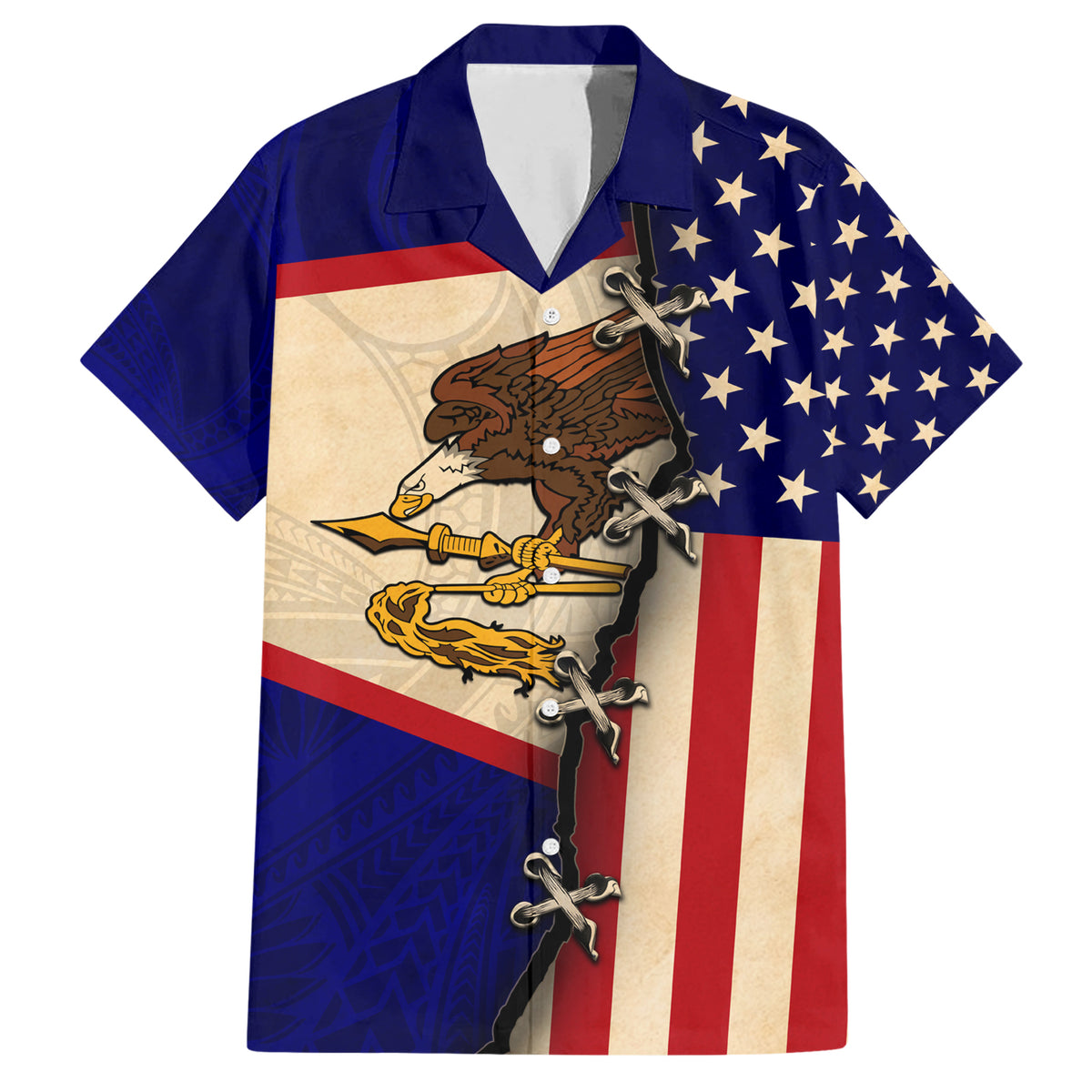 American Samoa Flag Day Family Matching Short Sleeve Bodycon Dress and Hawaiian Shirt Polynesian Tribal Pattern LT05 Dad's Shirt - Short Sleeve Blue - Polynesian Pride