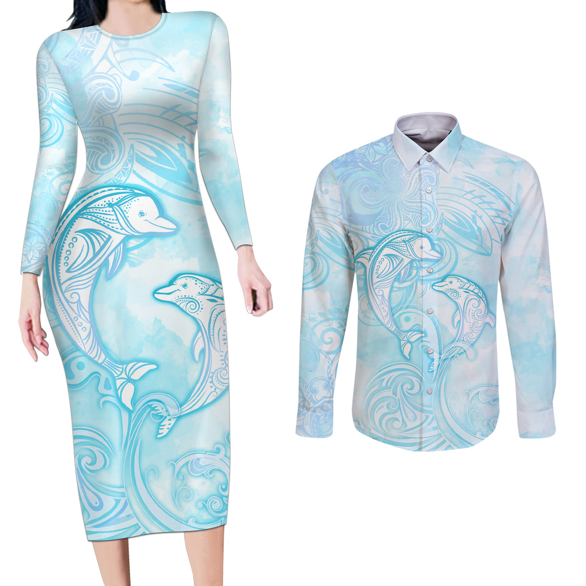 Polynesia Dolphins Under The Sea Couples Matching Long Sleeve Bodycon Dress and Long Sleeve Button Shirt Simple Style LT05 Baby Blue - Polynesian Pride