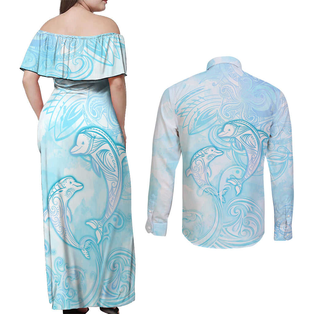 Polynesia Dolphins Under The Sea Couples Matching Off Shoulder Maxi Dress and Long Sleeve Button Shirt Simple Style LT05 - Polynesian Pride