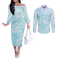 Polynesia Dolphins Under The Sea Couples Matching Off The Shoulder Long Sleeve Dress and Long Sleeve Button Shirt Simple Style LT05 Baby Blue - Polynesian Pride