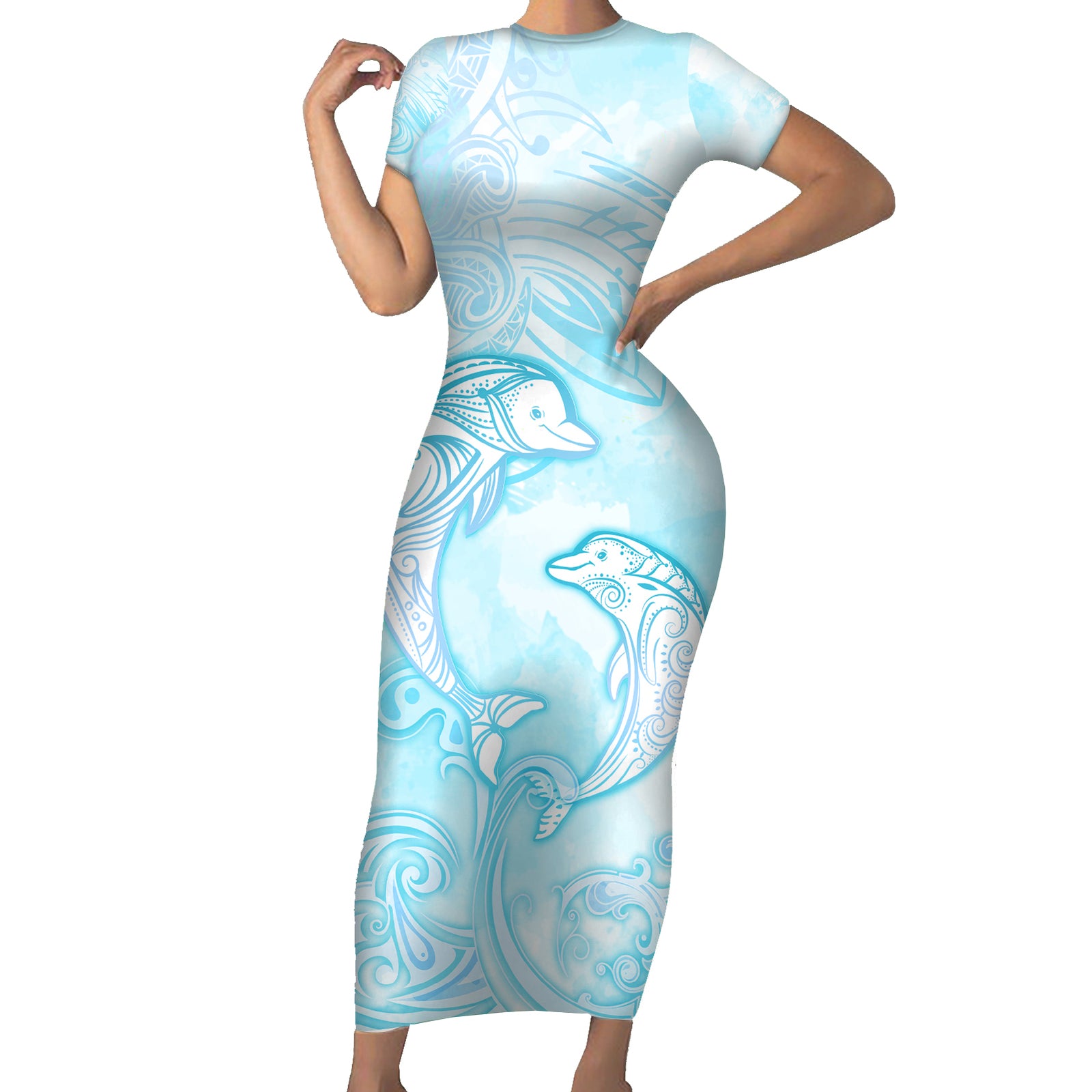 Polynesia Dolphins Under The Sea Short Sleeve Bodycon Dress Simple Style LT05 Long Dress Baby Blue - Polynesian Pride