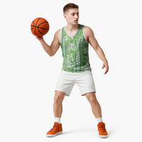 Green Hawaii Tapa Pattern Basketball Jersey With Heliconia Vintage Style LT05 - Polynesian Pride