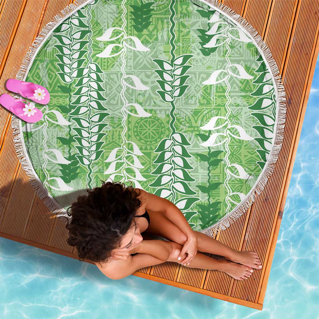 Green Hawaii Tapa Pattern Beach Blanket With Heliconia Vintage Style LT05 - Polynesian Pride