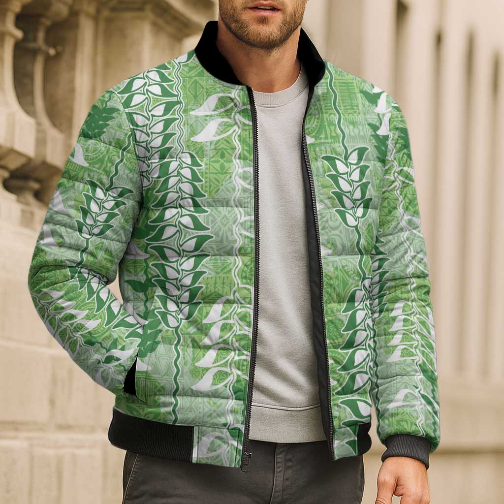 Green Hawaii Tapa Pattern Bomber Puffer Jacket With Heliconia Vintage Style LT05 - Polynesian Pride