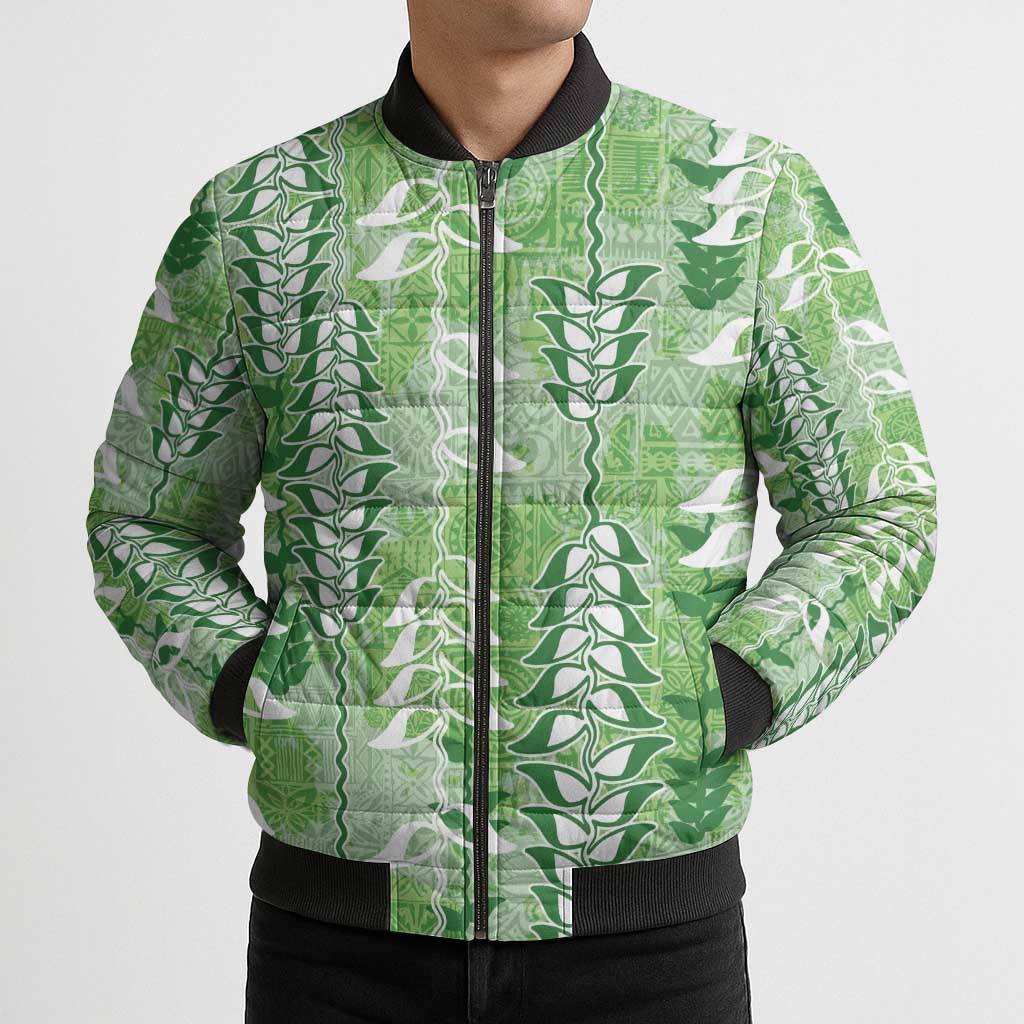 Green Hawaii Tapa Pattern Bomber Puffer Jacket With Heliconia Vintage Style LT05 - Polynesian Pride