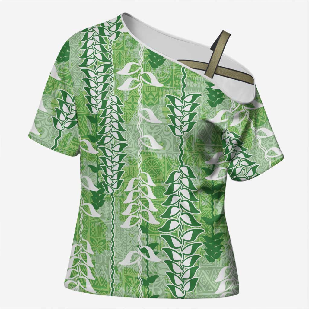 Green Hawaii Tapa Pattern Cross Shoulder Shirt With Heliconia Vintage Style LT05 Female Green - Polynesian Pride