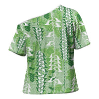 Green Hawaii Tapa Pattern Cross Shoulder Shirt With Heliconia Vintage Style LT05 - Polynesian Pride