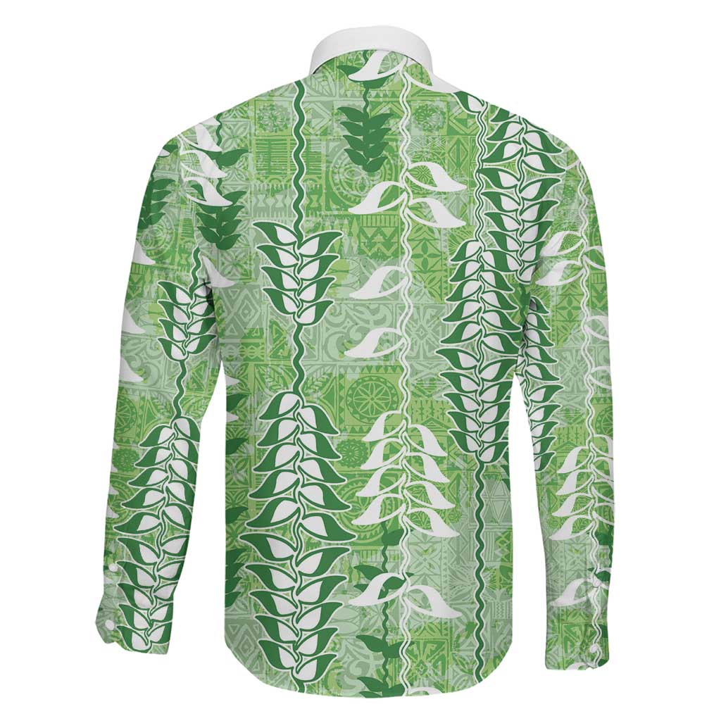 Green Hawaii Tapa Pattern Family Matching Long Sleeve Bodycon Dress and Hawaiian Shirt With Heliconia Vintage Style LT05 - Polynesian Pride