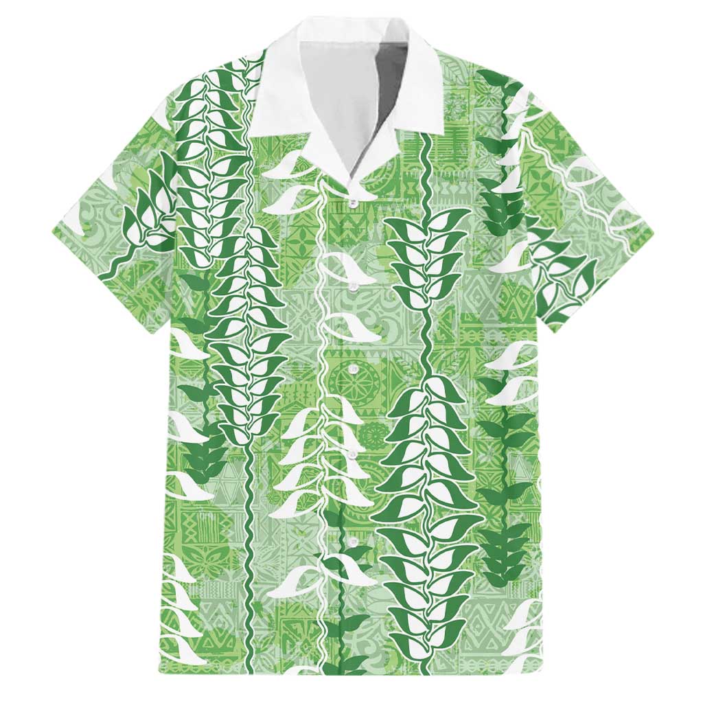Green Hawaii Tapa Pattern Family Matching Mermaid Dress and Hawaiian Shirt With Heliconia Vintage Style LT05 Dad's Shirt - Short Sleeve Green - Polynesian Pride