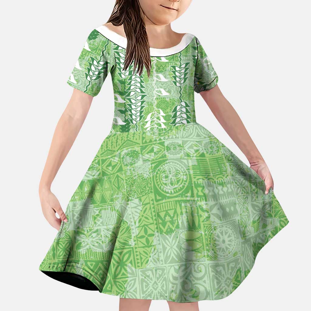 Green Hawaii Tapa Pattern Family Matching Off Shoulder Short Dress and Hawaiian Shirt With Heliconia Vintage Style LT05 Daughter's Dress Green - Polynesian Pride