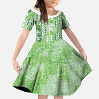 Green Hawaii Tapa Pattern Family Matching Off Shoulder Short Dress and Hawaiian Shirt With Heliconia Vintage Style LT05 Daughter's Dress Green - Polynesian Pride