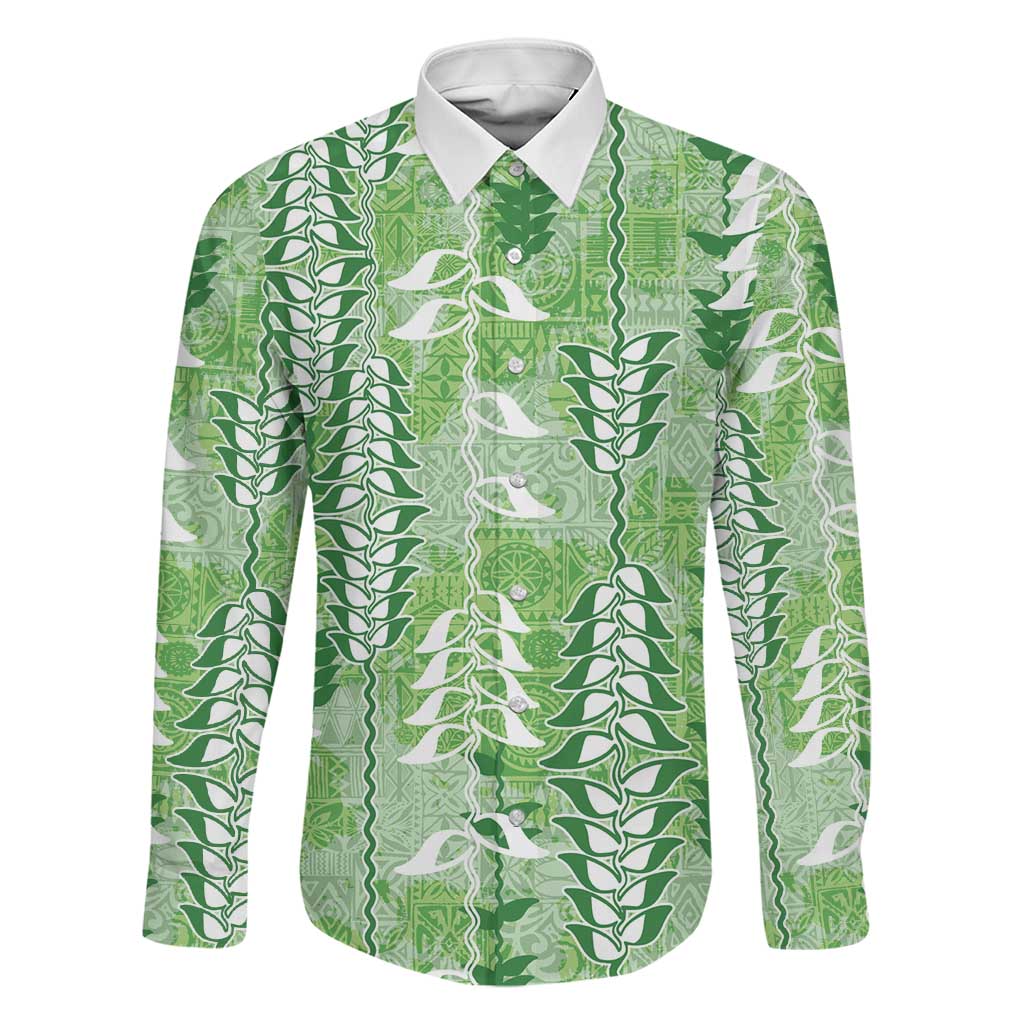 Green Hawaii Tapa Pattern Family Matching Off Shoulder Short Dress and Hawaiian Shirt With Heliconia Vintage Style LT05 Dad's Shirt - Long Sleeve Green - Polynesian Pride