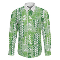 Green Hawaii Tapa Pattern Family Matching Off Shoulder Short Dress and Hawaiian Shirt With Heliconia Vintage Style LT05 Dad's Shirt - Long Sleeve Green - Polynesian Pride