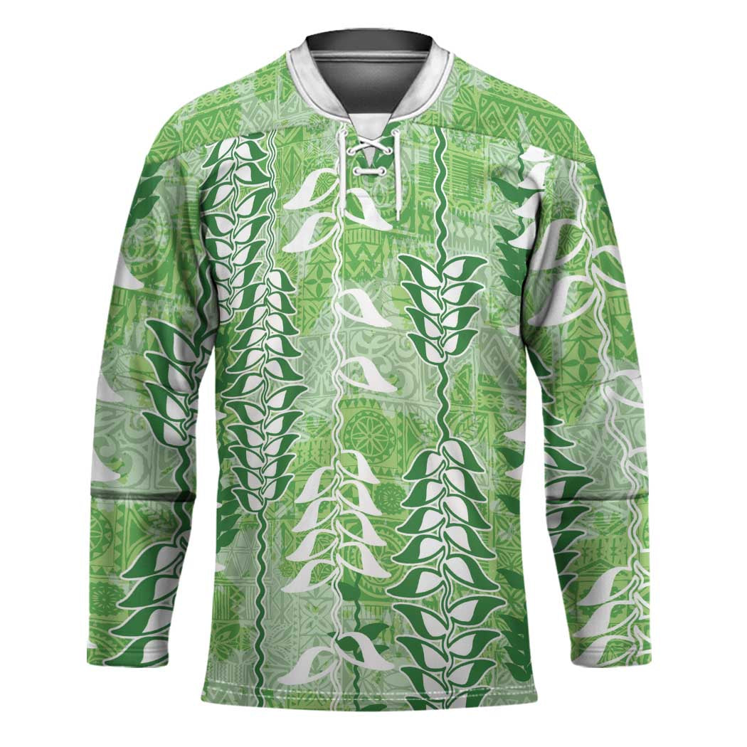 Green Hawaii Tapa Pattern Hockey Jersey With Heliconia Vintage Style LT05 Unisex Green - Polynesian Pride