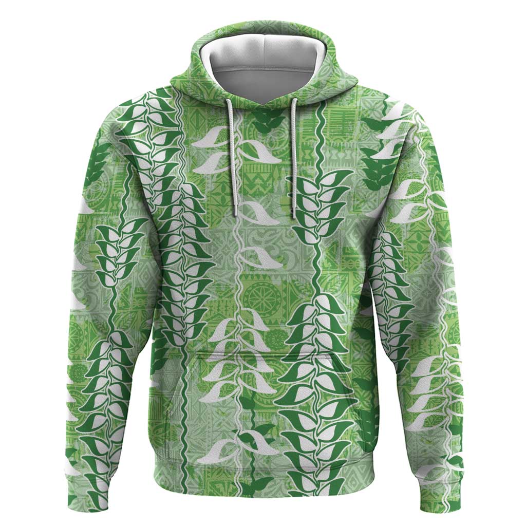 Green Hawaii Tapa Pattern Hoodie With Heliconia Vintage Style LT05 Pullover Hoodie Green - Polynesian Pride