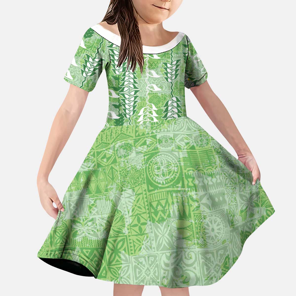 Green Hawaii Tapa Pattern Kid Short Sleeve Dress With Heliconia Vintage Style