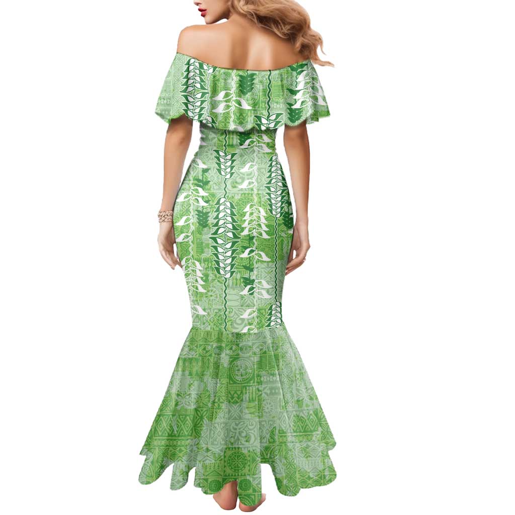 Green Hawaii Tapa Pattern Mermaid Dress With Heliconia Vintage Style LT05 - Polynesian Pride