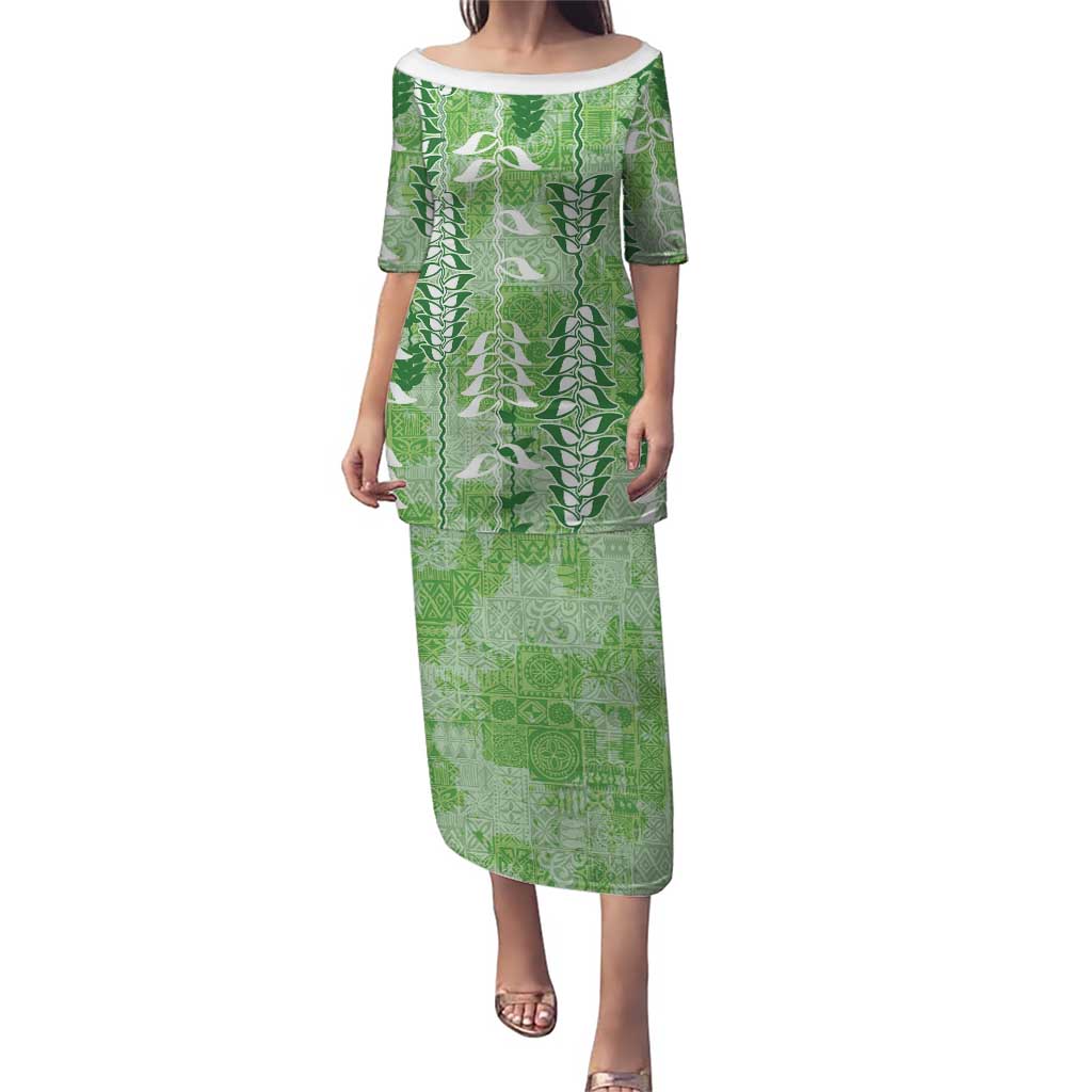 Green Hawaii Tapa Pattern Puletasi With Heliconia Vintage Style LT05 Long Dress Green - Polynesian Pride