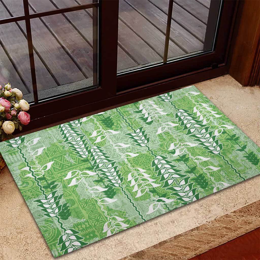 Green Hawaii Tapa Pattern Rubber Doormat With Heliconia Vintage Style LT05 - Polynesian Pride
