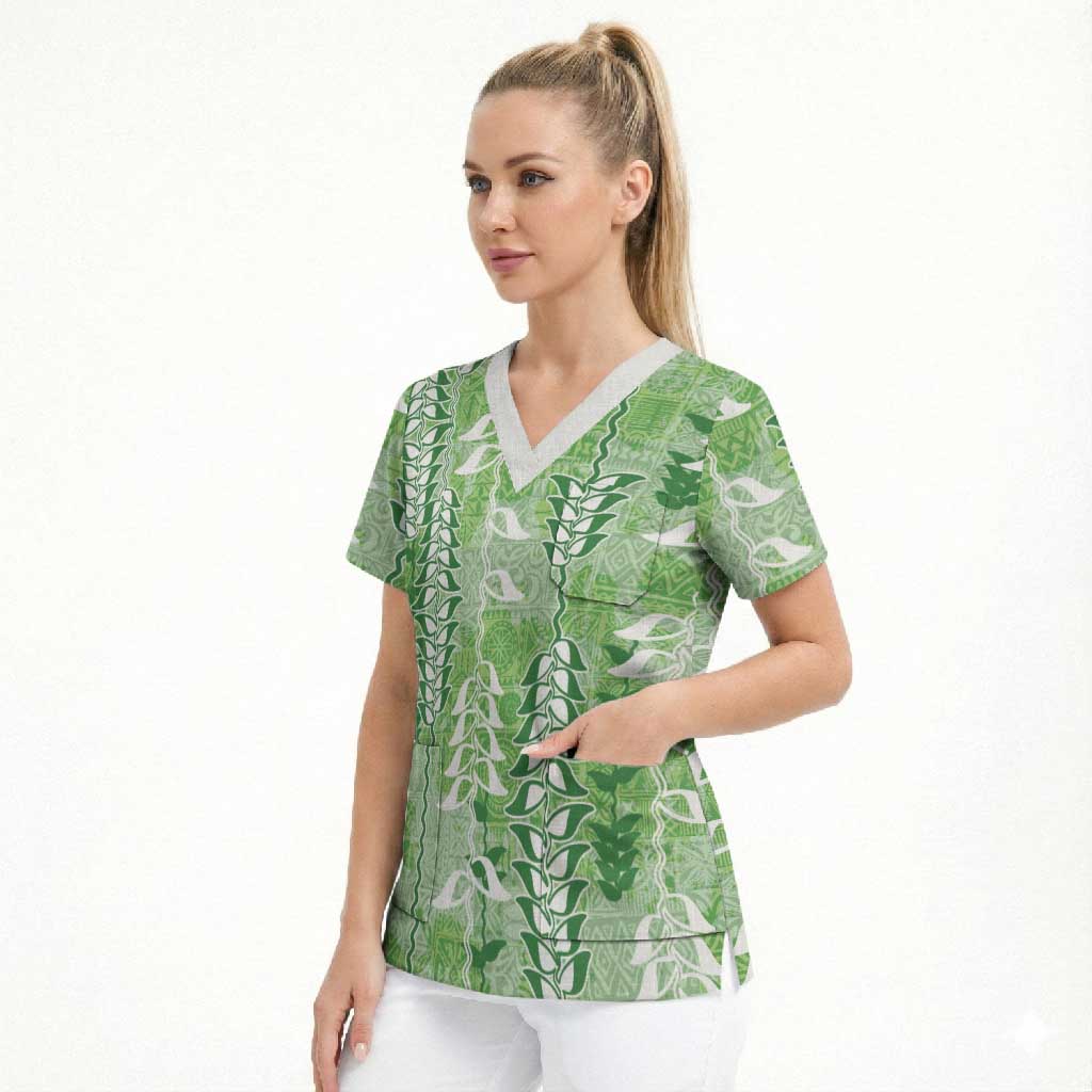 Green Hawaii Tapa Pattern Scrub Top With Heliconia Vintage Style LT05 - Polynesian Pride
