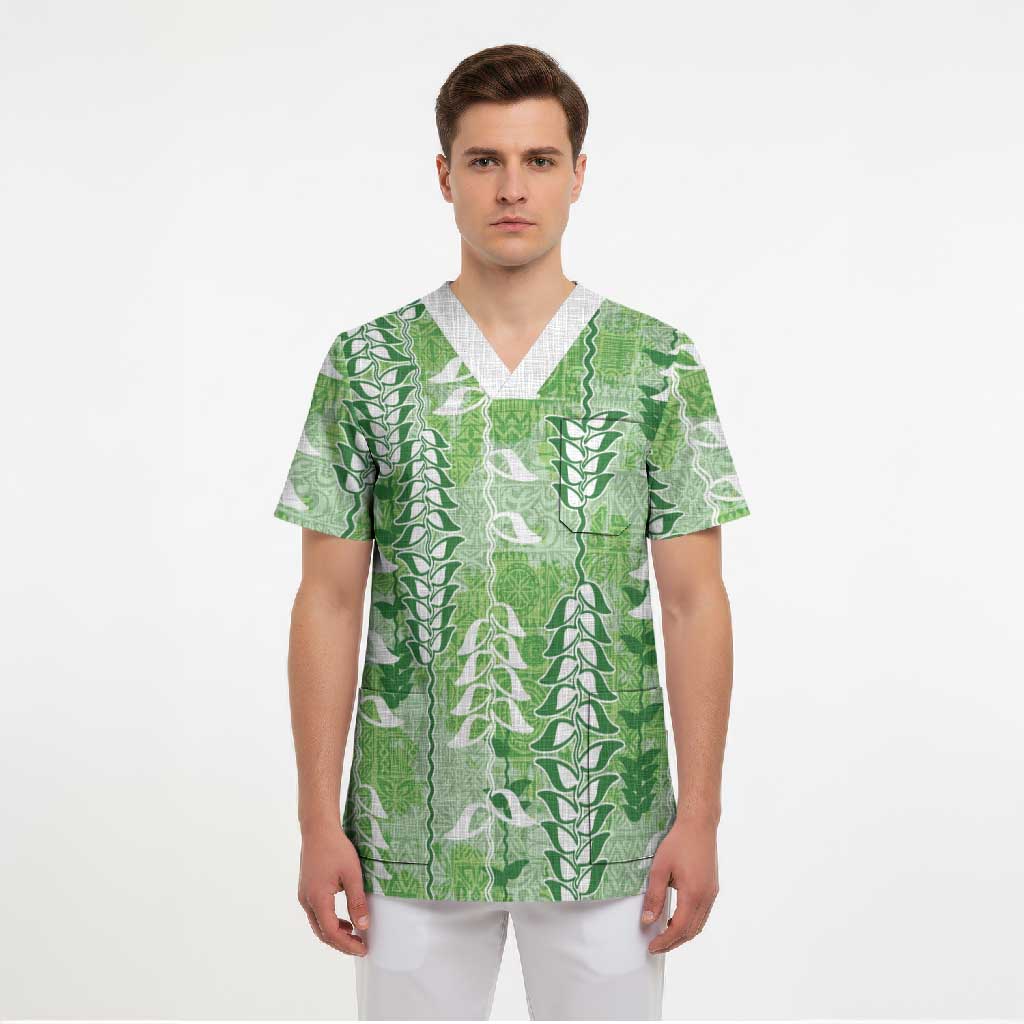 Green Hawaii Tapa Pattern Scrub Top With Heliconia Vintage Style LT05 - Polynesian Pride
