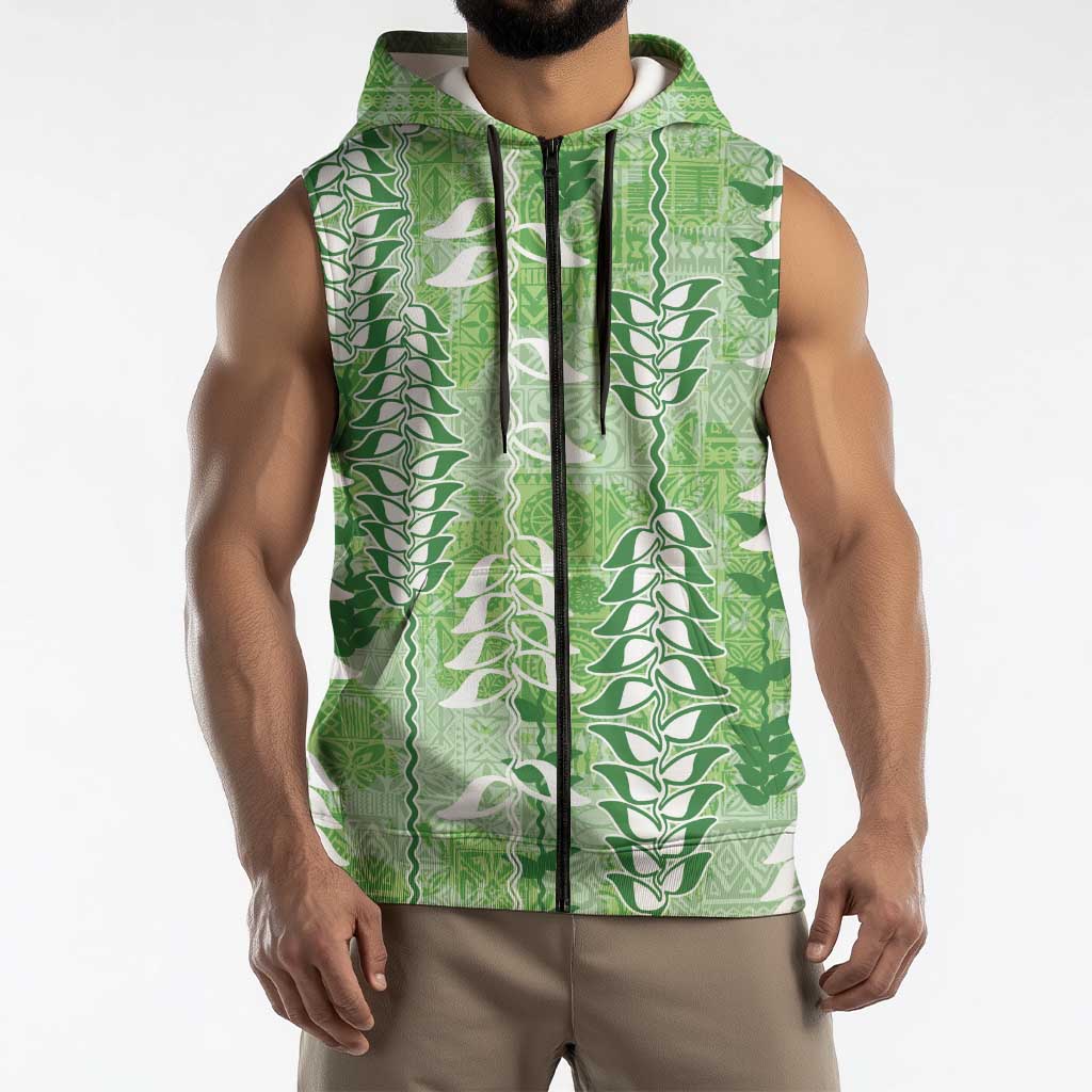 Green Hawaii Tapa Pattern Sleeveless Zip Hoodie With Heliconia Vintage Style LT05 - Polynesian Pride