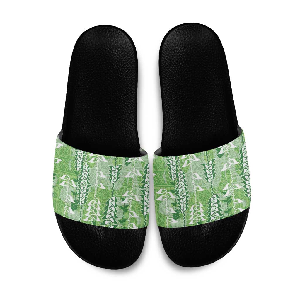 Green Hawaii Tapa Pattern Slide Sandals With Heliconia Vintage Style LT05 Green - Polynesian Pride