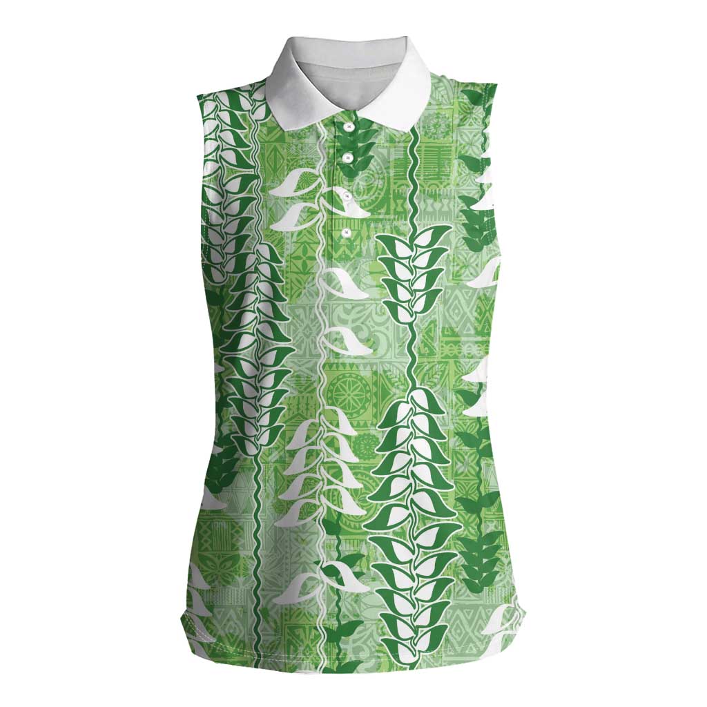 Green Hawaii Tapa Pattern Women Sleeveless Polo Shirt With Heliconia Vintage Style LT05 Female Green - Polynesian Pride