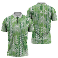 Green Hawaii Tapa Pattern Zipper Polo Shirt With Heliconia Vintage Style LT05 - Polynesian Pride