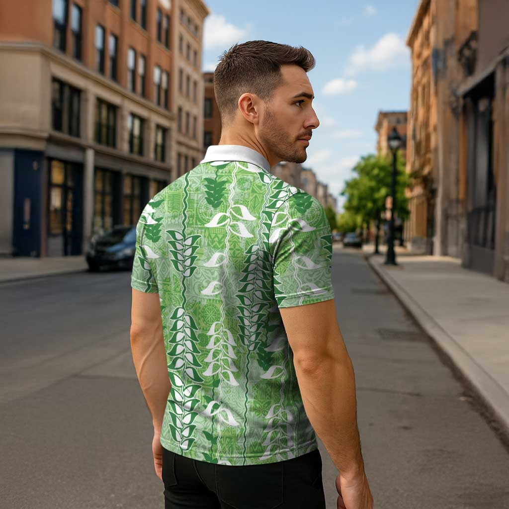 Green Hawaii Tapa Pattern Zipper Polo Shirt With Heliconia Vintage Style LT05 - Polynesian Pride