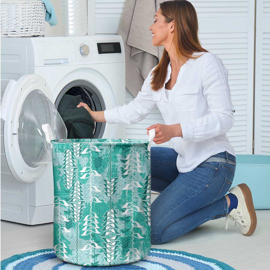 Teal Hawaii Tapa Pattern Laundry Basket With Heliconia Vintage Style LT05 - Polynesian Pride