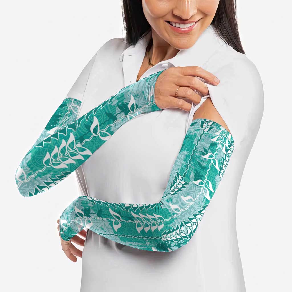 Teal Hawaii Tapa Pattern Arm Sleeves With Heliconia Vintage Style LT05 - Polynesian Pride