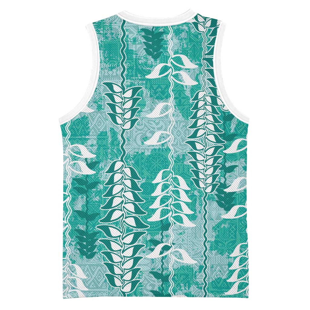 Teal Hawaii Tapa Pattern Basketball Jersey With Heliconia Vintage Style LT05 - Polynesian Pride
