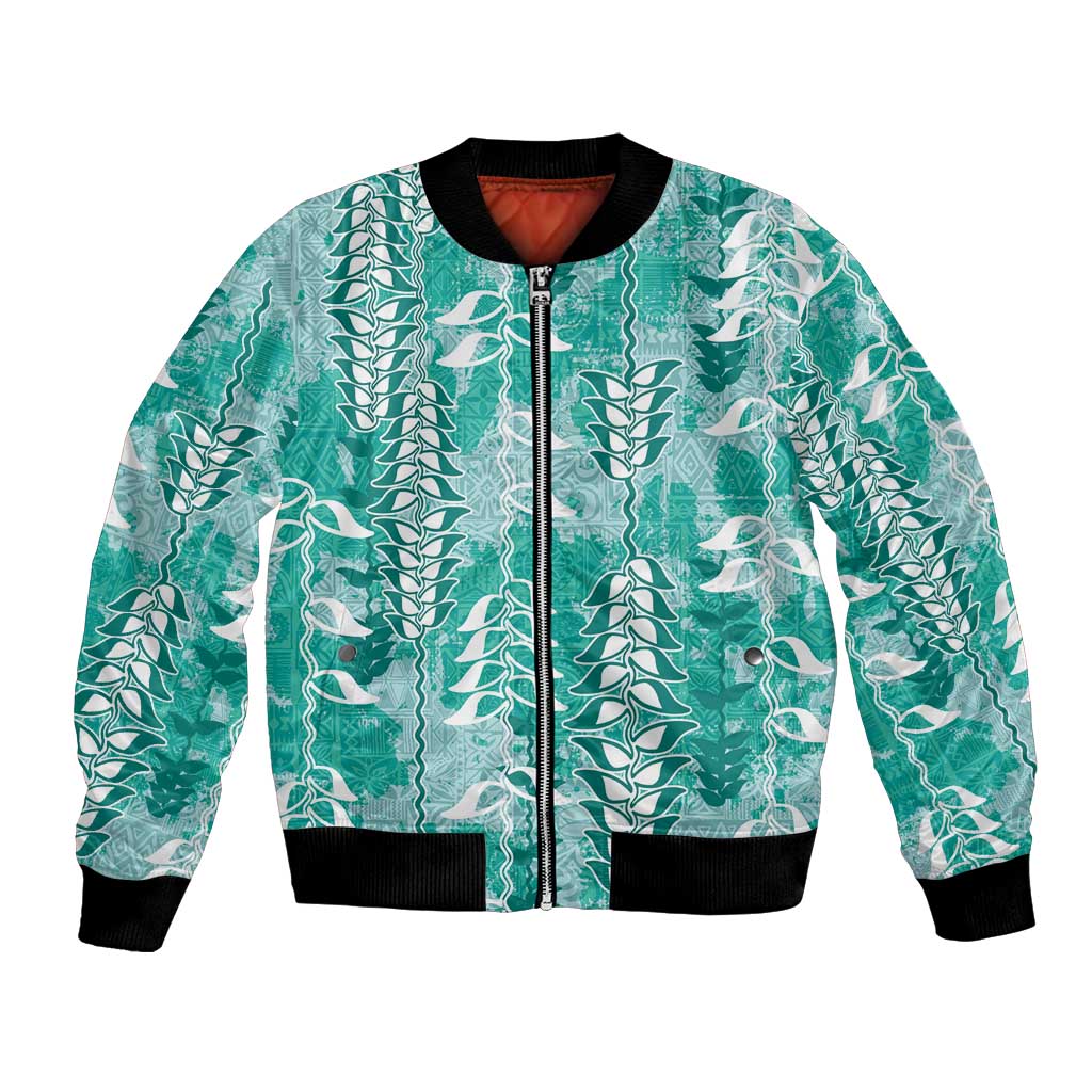 Teal Hawaii Tapa Pattern Bomber Jacket With Heliconia Vintage Style LT05 Unisex Teal - Polynesian Pride