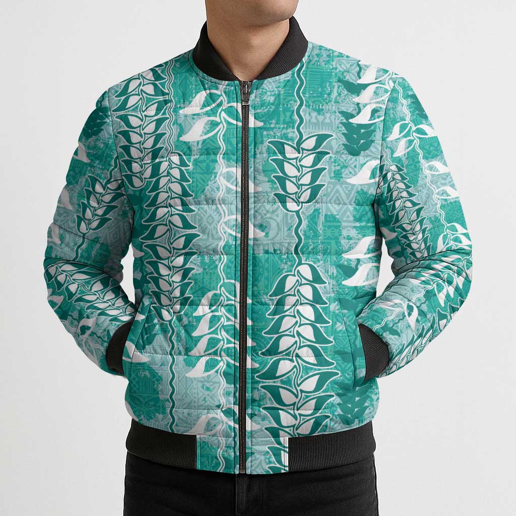 Teal Hawaii Tapa Pattern Bomber Puffer Jacket With Heliconia Vintage Style LT05 - Polynesian Pride