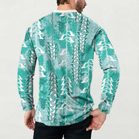 Teal Hawaii Tapa Pattern Button Sweatshirt With Heliconia Vintage Style LT05 - Polynesian Pride