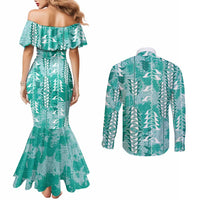 Teal Hawaii Tapa Pattern Couples Matching Mermaid Dress and Long Sleeve Button Shirt With Heliconia Vintage Style LT05 - Polynesian Pride