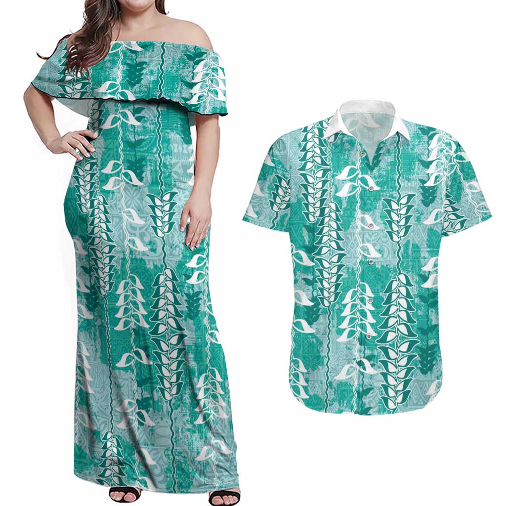 Teal Hawaii Tapa Pattern Couples Matching Off Shoulder Maxi Dress and Hawaiian Shirt With Heliconia Vintage Style LT05 Teal - Polynesian Pride