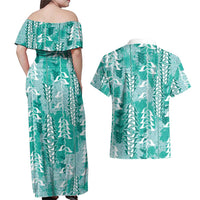 Teal Hawaii Tapa Pattern Couples Matching Off Shoulder Maxi Dress and Hawaiian Shirt With Heliconia Vintage Style LT05 - Polynesian Pride