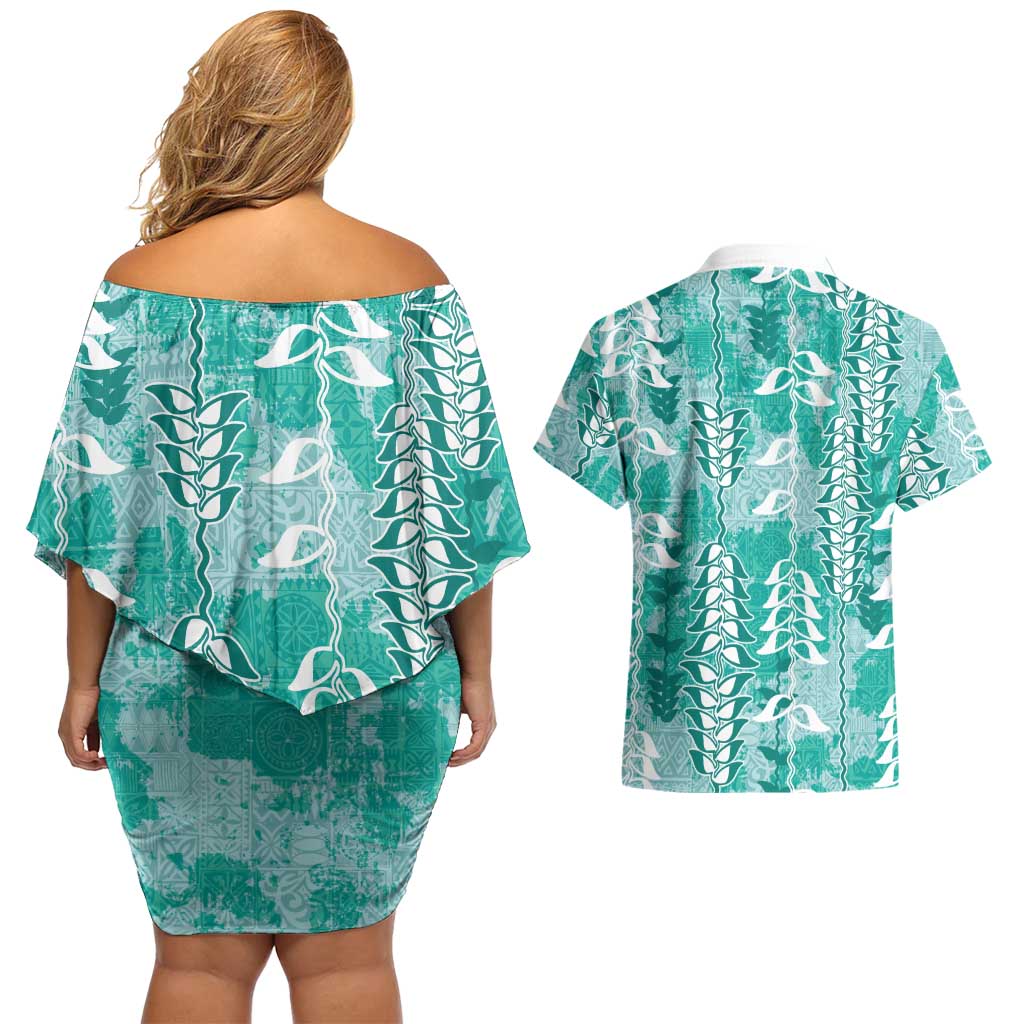Teal Hawaii Tapa Pattern Couples Matching Off Shoulder Short Dress and Hawaiian Shirt With Heliconia Vintage Style LT05 - Polynesian Pride