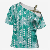 Teal Hawaii Tapa Pattern Cross Shoulder Shirt With Heliconia Vintage Style LT05 Female Teal - Polynesian Pride