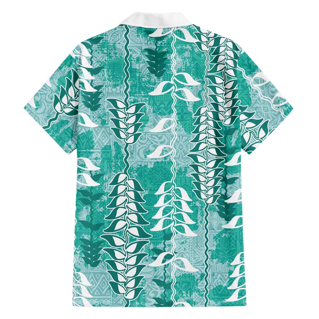 Teal Hawaii Tapa Pattern Family Matching Long Sleeve Bodycon Dress and Hawaiian Shirt With Heliconia Vintage Style LT05 - Polynesian Pride